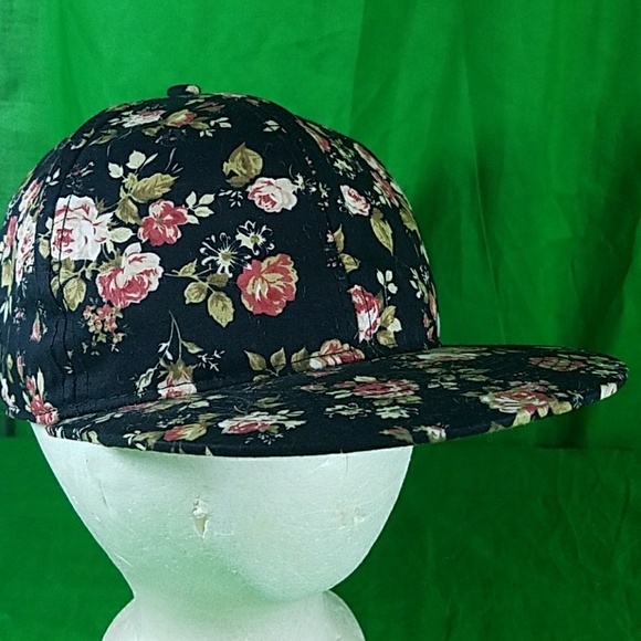 Floral Black Pink Flower Print Snapback Hat - Picture 2 of 6